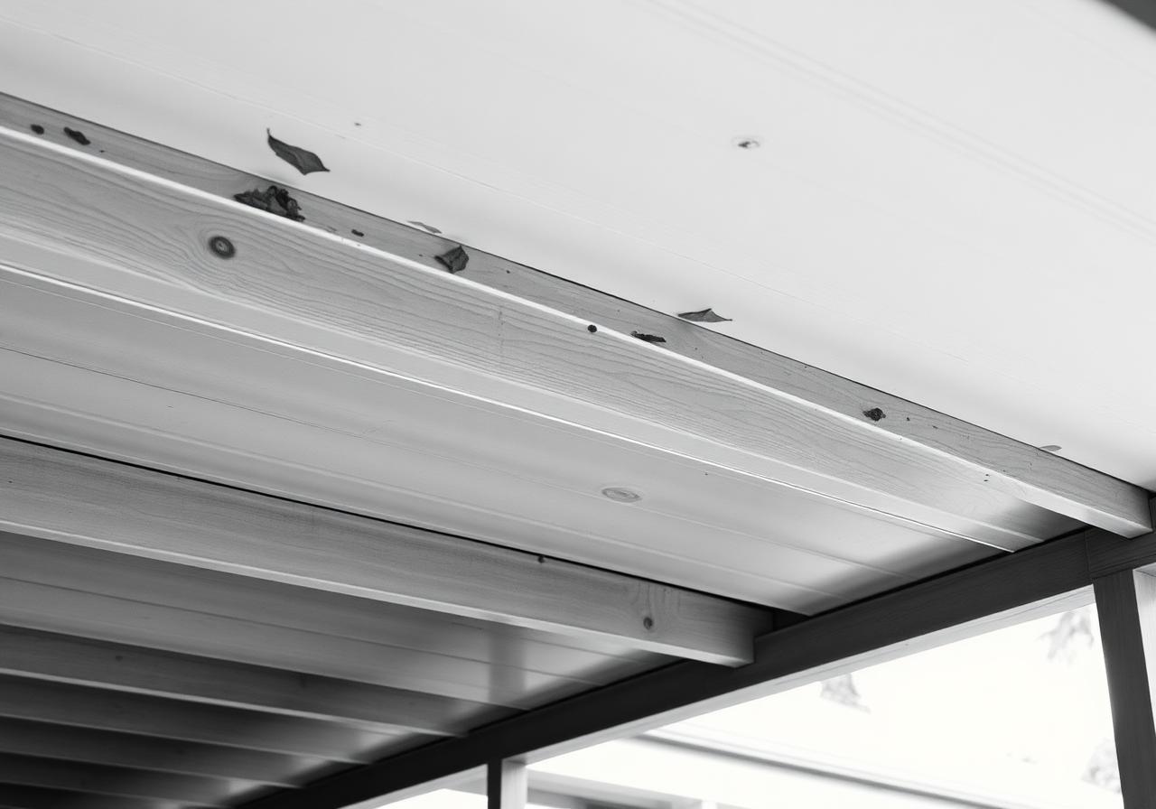 Subtropical timber eave with moisture marks