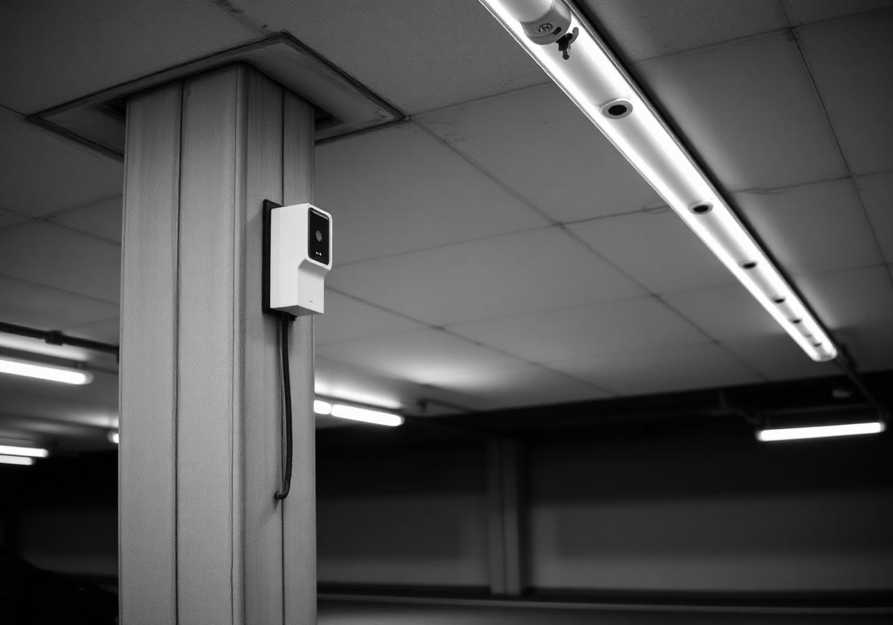 Environmental sensor mounted to concrete column in underground car park